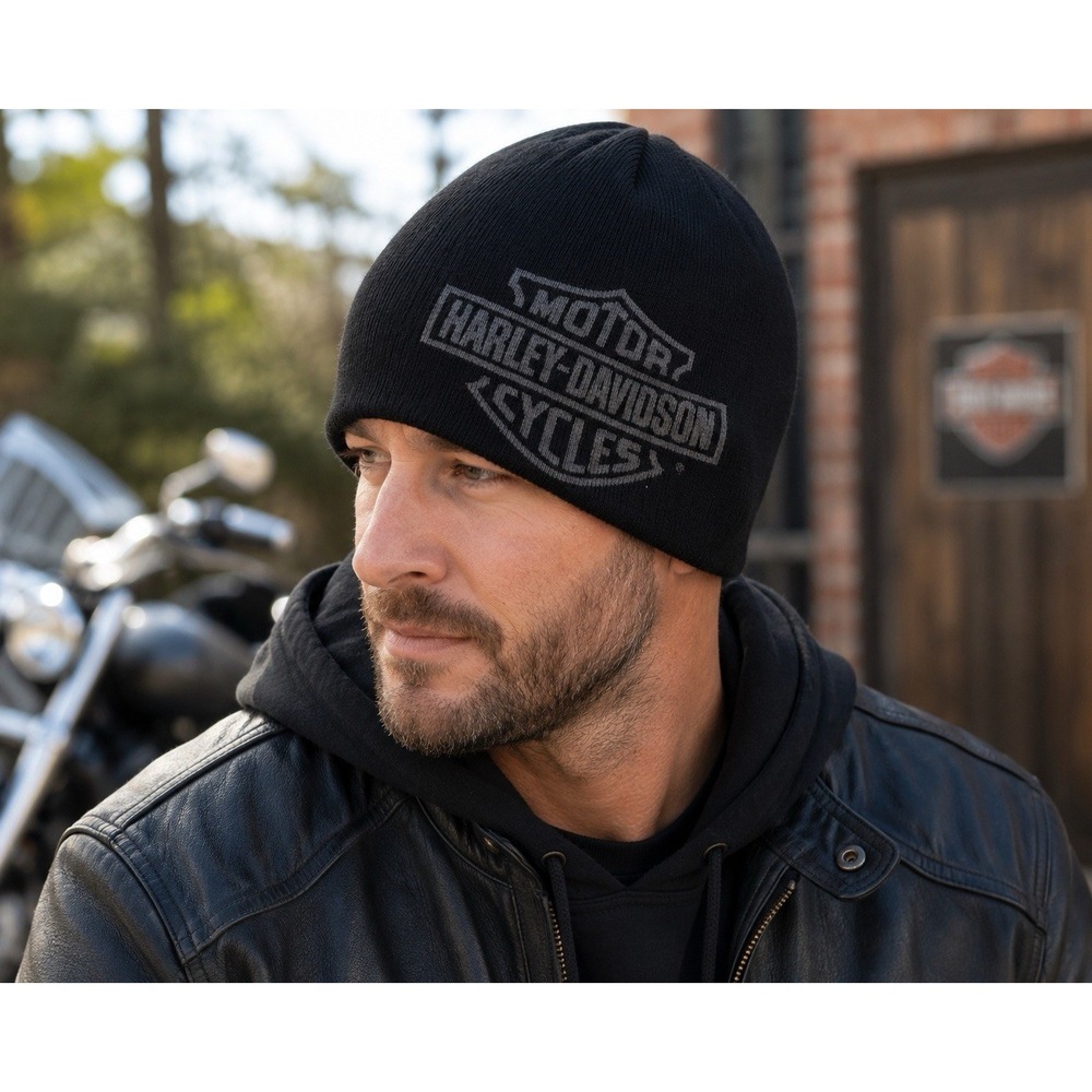 Harley Davidson 97649-17VM Black Knit Beanie Hat 100% Cotton Bar & Shield